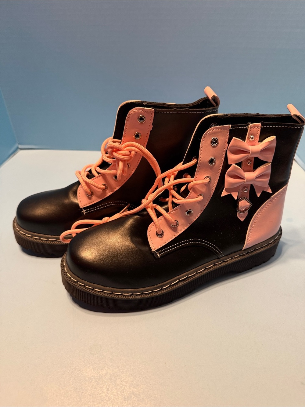 Women’s Lace-Up Black and Pink Bow Accent Boots NWOB